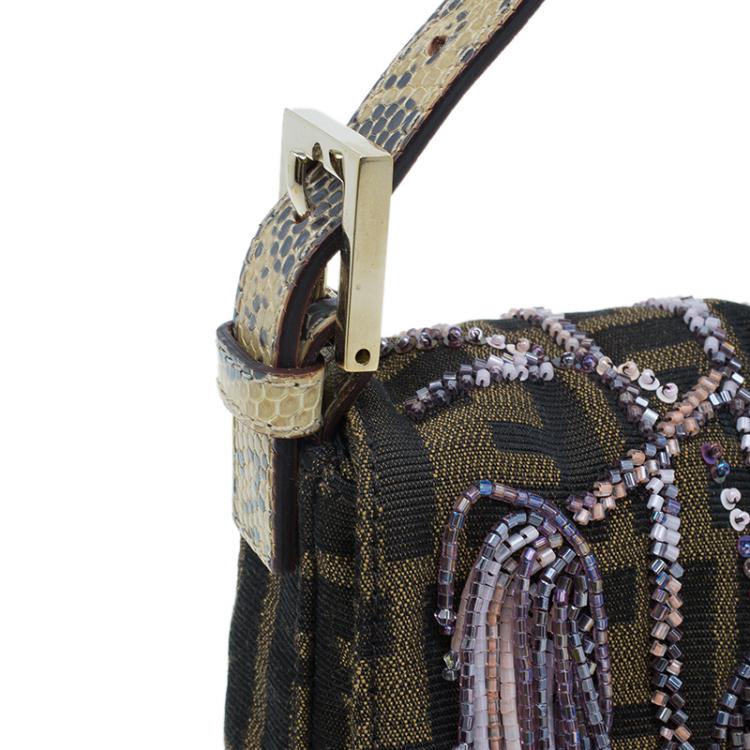 Pre Owned Fendi Zucca Python and Canvas Baguette Beads Shoulder Bag 