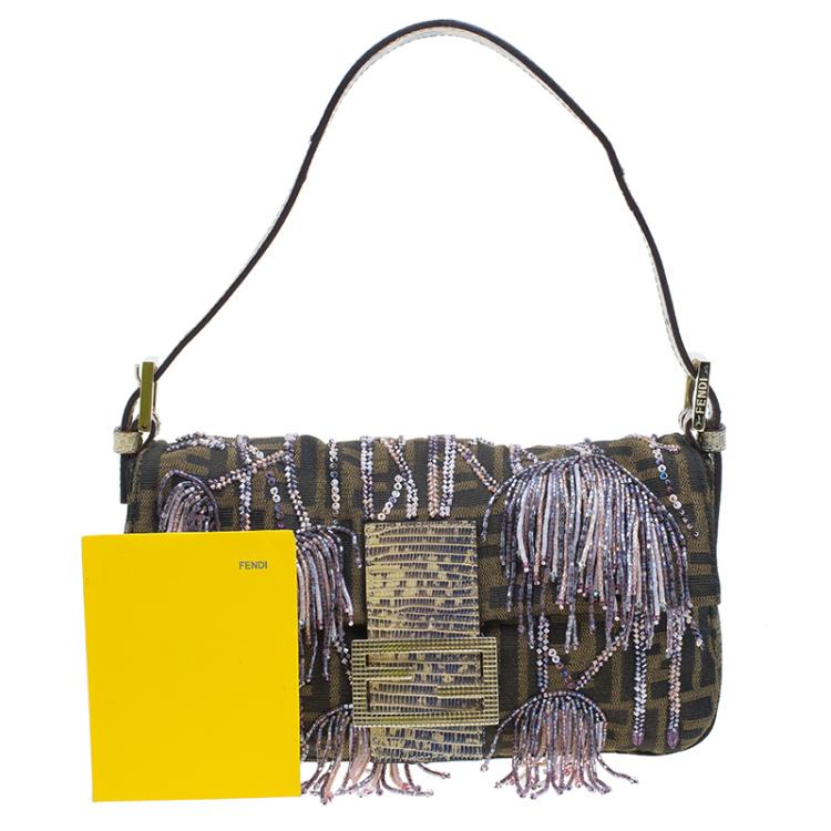 Pre Owned Fendi Zucca Python and Canvas Baguette Beads Shoulder Bag 