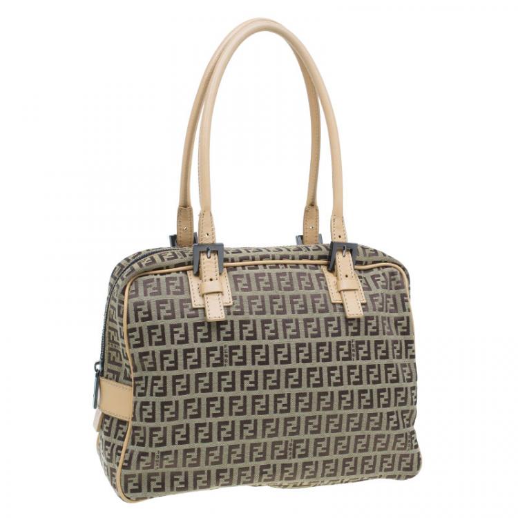Pre Owned Fendi Brown Zucchino Canvas Boston Bag