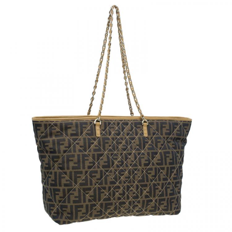 Pre Owned Fendi Brown Zucca Quilted Nylon Large Roll Tote