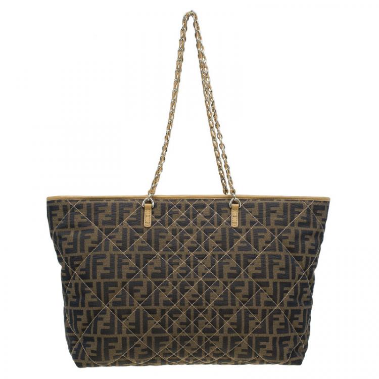 Pre Owned Fendi Brown Zucca Quilted Nylon Large Roll Tote