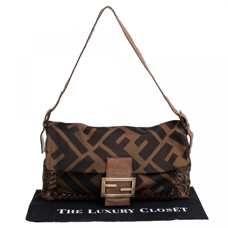 Pre Owned Fendi Tobacco Zucca Canvas and Leather Large Whipstitch Baguette Bag