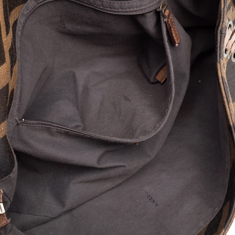 Pre Owned Fendi Tobacco Zucca Canvas and Leather Large Whipstitch Baguette Bag
