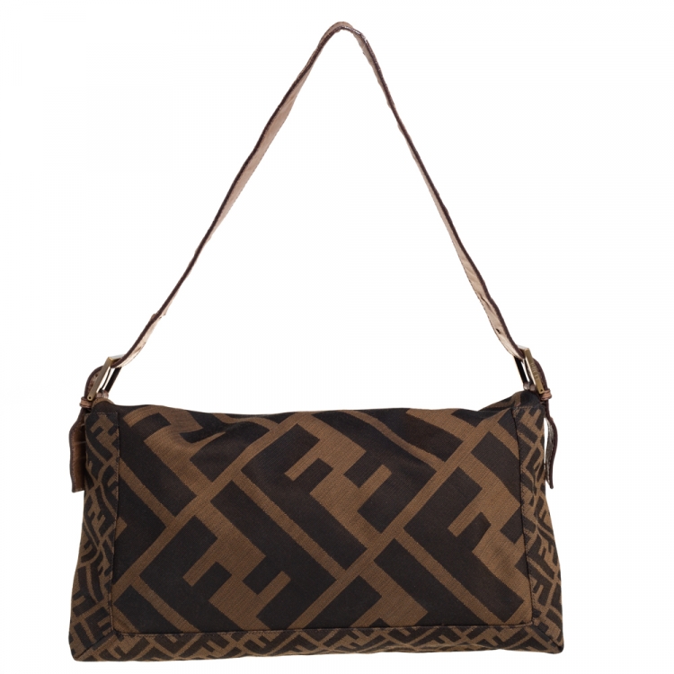 Pre Owned Fendi Tobacco Zucca Canvas and Leather Large Whipstitch Baguette Bag