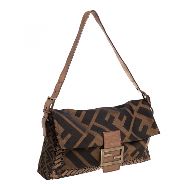 Pre Owned Fendi Tobacco Zucca Canvas and Leather Large Whipstitch Baguette Bag