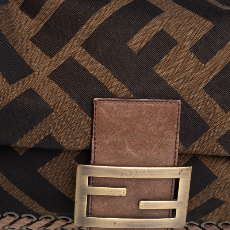 Pre Owned Fendi Tobacco Zucca Canvas and Leather Large Whipstitch Baguette Bag