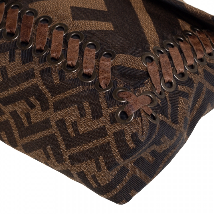 Pre Owned Fendi Tobacco Zucca Canvas and Leather Large Whipstitch Baguette Bag
