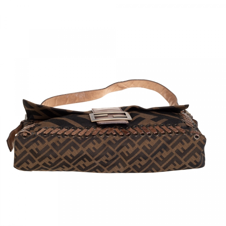 Pre Owned Fendi Tobacco Zucca Canvas and Leather Large Whipstitch Baguette Bag