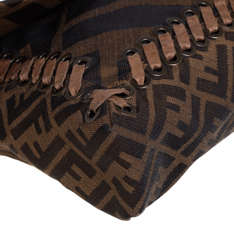 Pre Owned Fendi Tobacco Zucca Canvas and Leather Large Whipstitch Baguette Bag