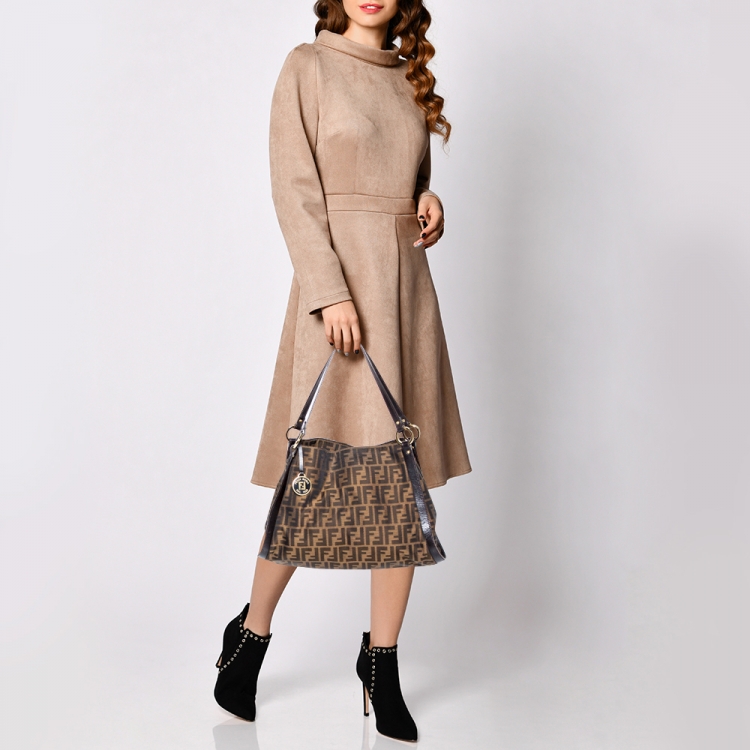 Pre Owned Fendi Tobacco Zucca Canvas and Leather Tote