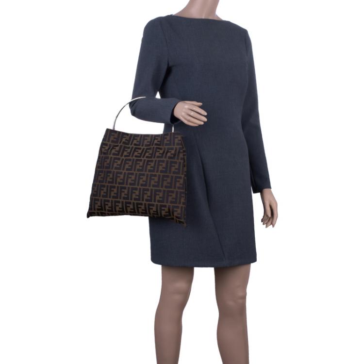 Pre Owned Fendi Brown Zucca Metal Handle Tote Bag