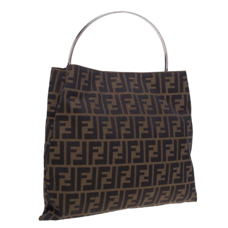 Pre Owned Fendi Brown Zucca Metal Handle Tote Bag