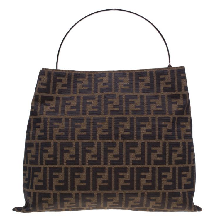 Pre Owned Fendi Brown Zucca Metal Handle Tote Bag