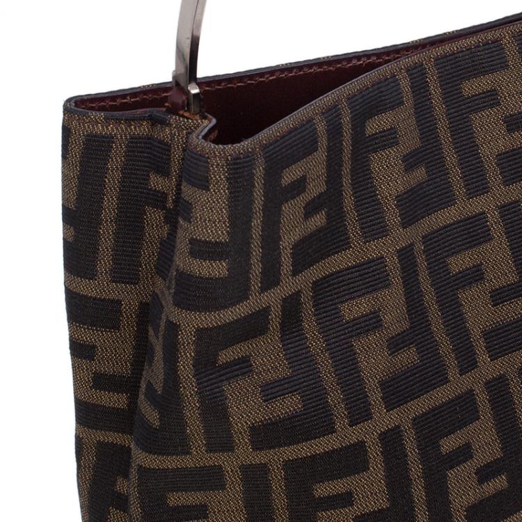 Pre Owned Fendi Brown Zucca Metal Handle Tote Bag