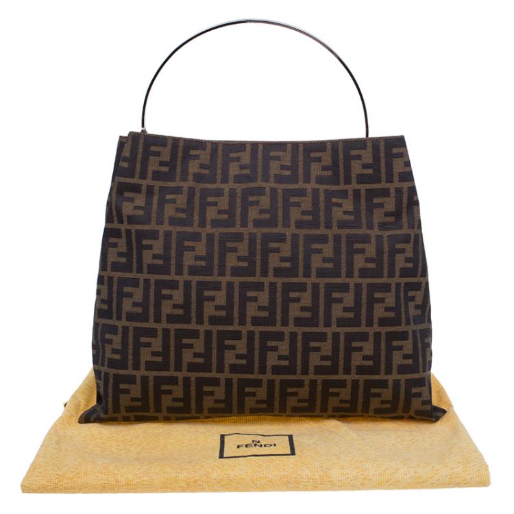 Pre Owned Fendi Brown Zucca Metal Handle Tote Bag