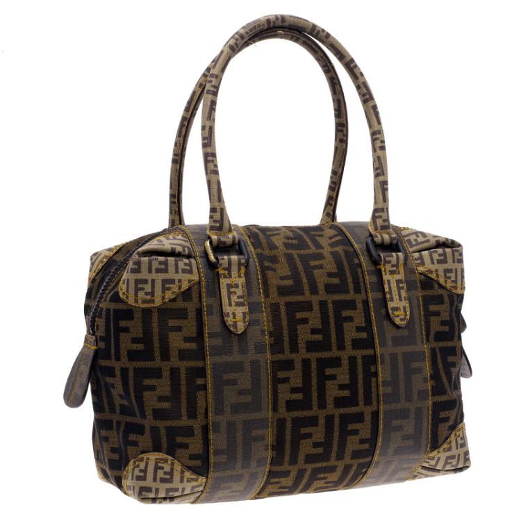 Pre Owned Fendi Brown Zucca Canvas Mixed Media Boston Bag