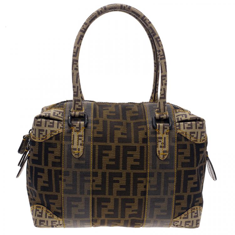 Pre Owned Fendi Brown Zucca Canvas Mixed Media Boston Bag