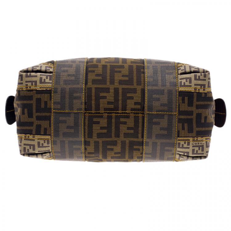 Pre Owned Fendi Brown Zucca Canvas Mixed Media Boston Bag