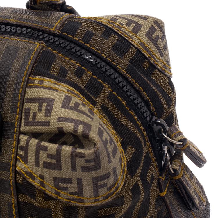 Pre Owned Fendi Brown Zucca Canvas Mixed Media Boston Bag