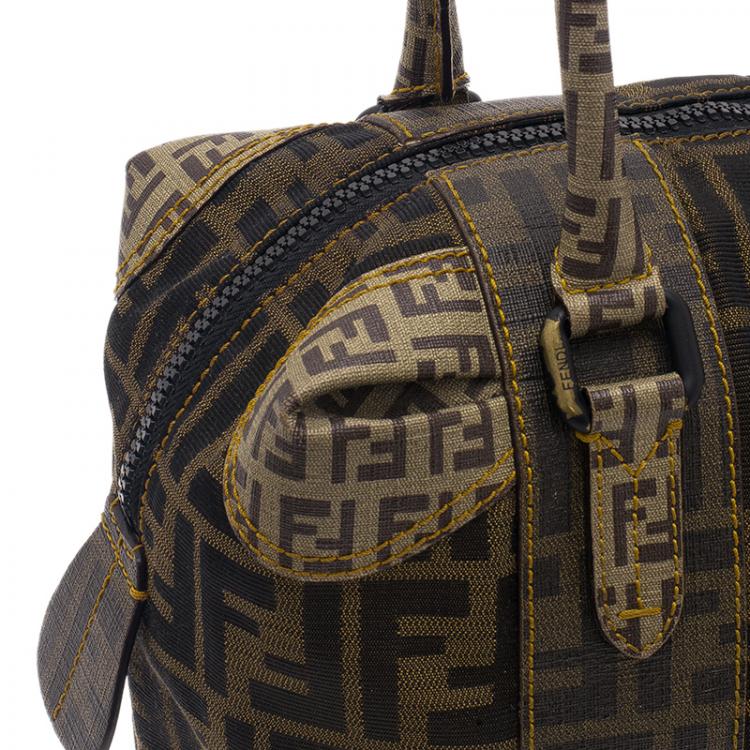 Pre Owned Fendi Brown Zucca Canvas Mixed Media Boston Bag