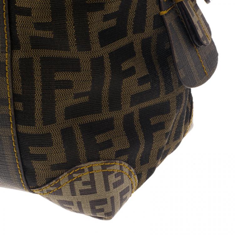 Pre Owned Fendi Brown Zucca Canvas Mixed Media Boston Bag