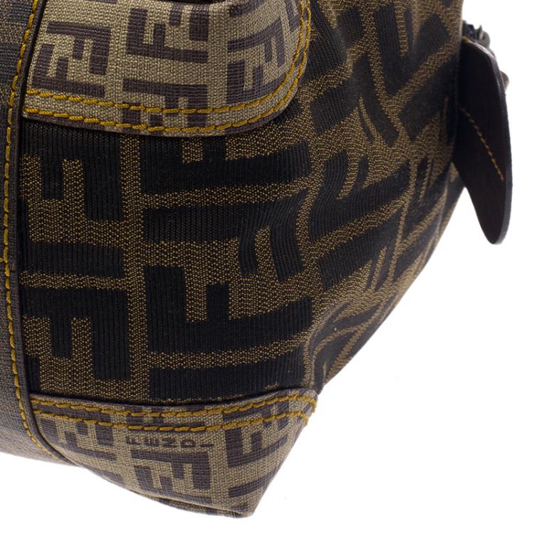 Pre Owned Fendi Brown Zucca Canvas Mixed Media Boston Bag