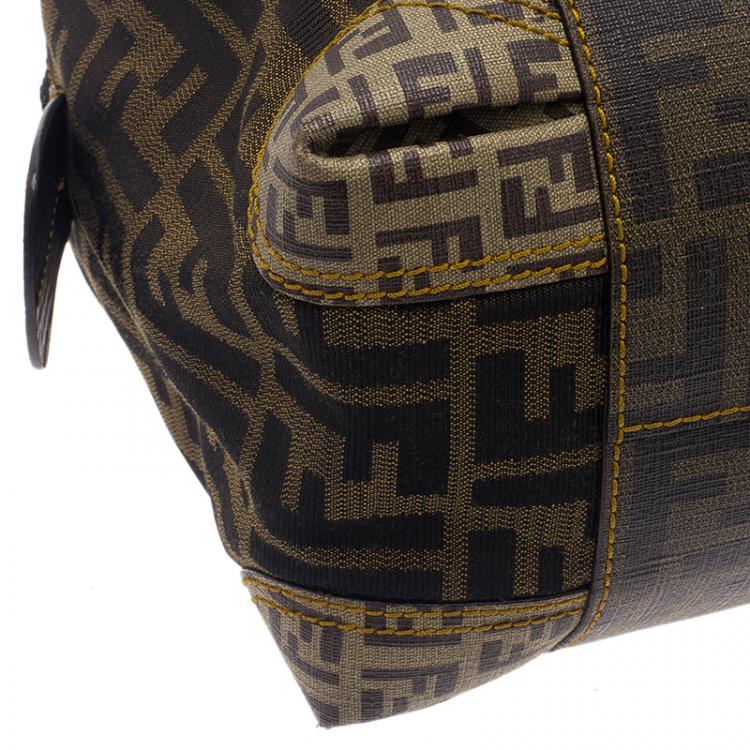 Pre Owned Fendi Brown Zucca Canvas Mixed Media Boston Bag