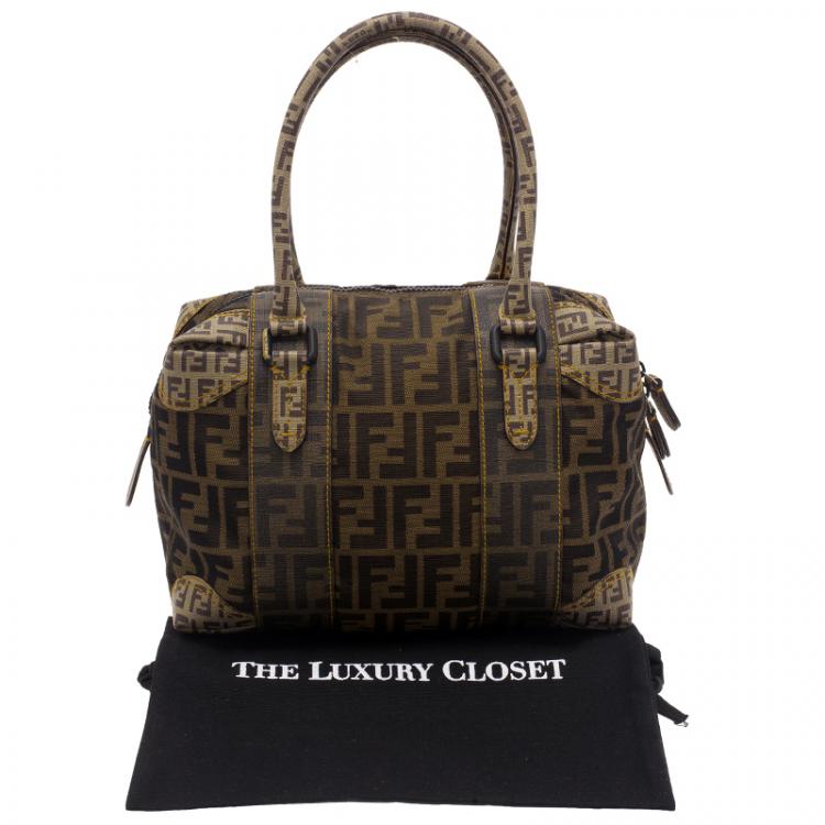 Pre Owned Fendi Brown Zucca Canvas Mixed Media Boston Bag