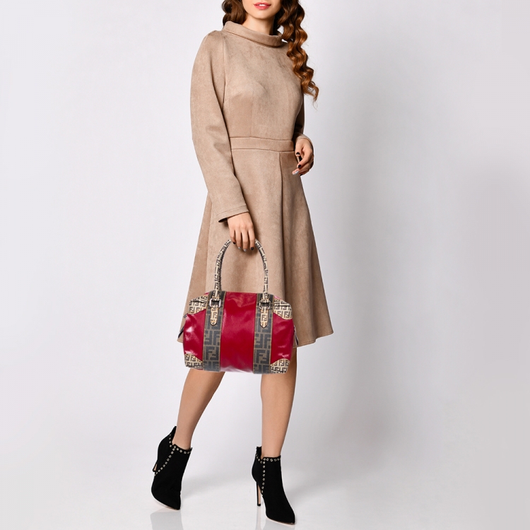 Pre Owned Fendi Multicolor Zucca Coated Canvas and Nylon B. Mix Boston Bag