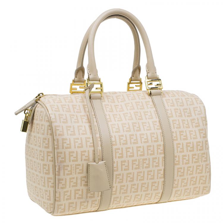 Pre Owned Fendi Beige Zucchino Coated Canvas Forever Bauletto Boston Bag