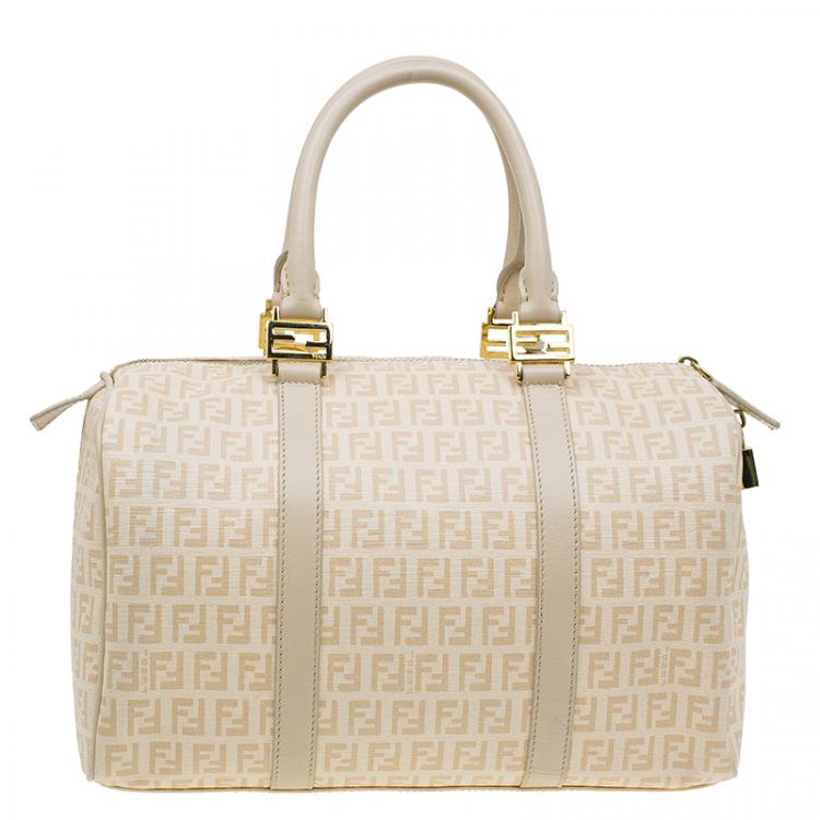 Pre Owned Fendi Beige Zucchino Coated Canvas Forever Bauletto Boston Bag