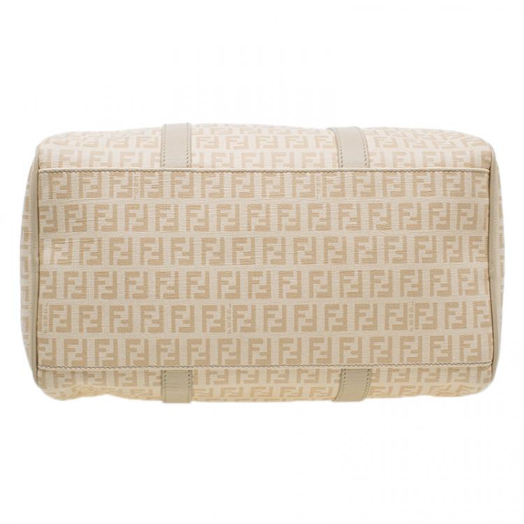 Pre Owned Fendi Beige Zucchino Coated Canvas Forever Bauletto Boston Bag