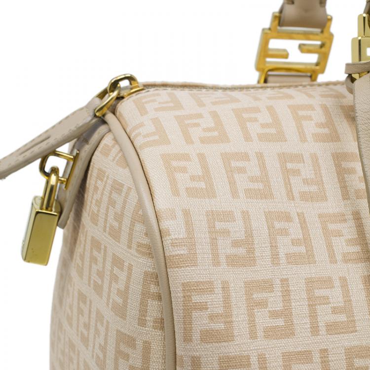 Pre Owned Fendi Beige Zucchino Coated Canvas Forever Bauletto Boston Bag