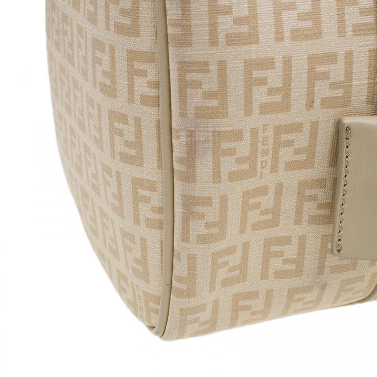 Pre Owned Fendi Beige Zucchino Coated Canvas Forever Bauletto Boston Bag