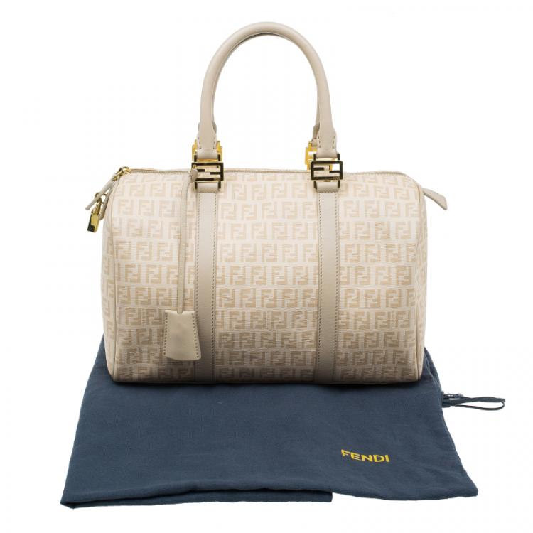 Pre Owned Fendi Beige Zucchino Coated Canvas Forever Bauletto Boston Bag