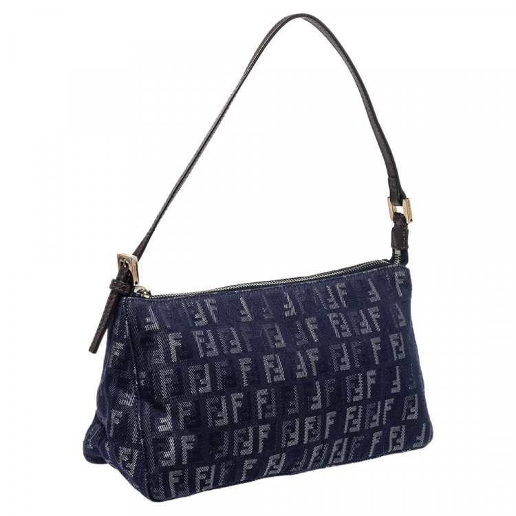Pre Owned Fendi Blue Zucchino Denim Pochette Zip Shoulder Bag
