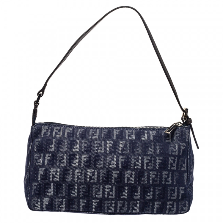 Pre Owned Fendi Blue Zucchino Denim Pochette Zip Shoulder Bag