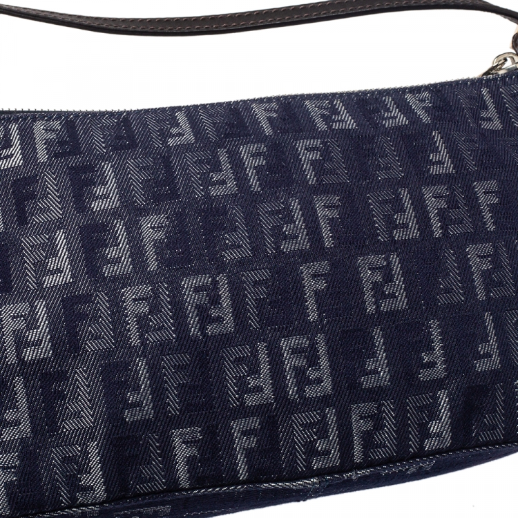 Pre Owned Fendi Blue Zucchino Denim Pochette Zip Shoulder Bag