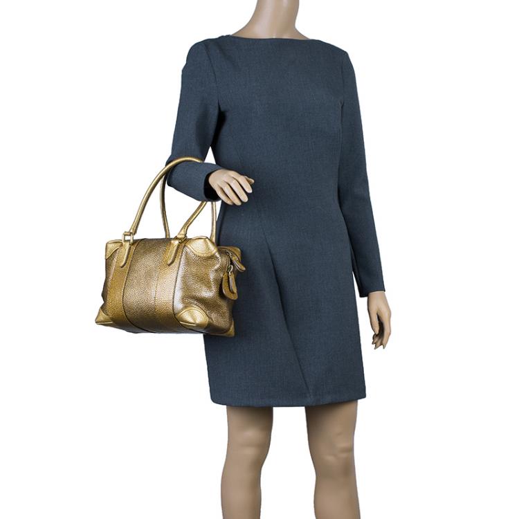 Pre Owned Fendi Gold Pebbled Leather Media Boston Bag
