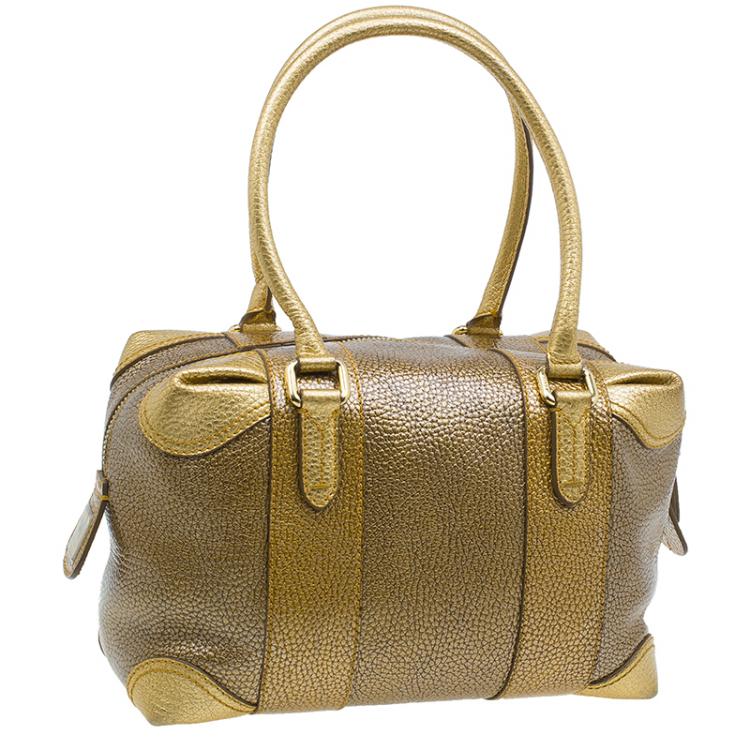 Pre Owned Fendi Gold Pebbled Leather Media Boston Bag