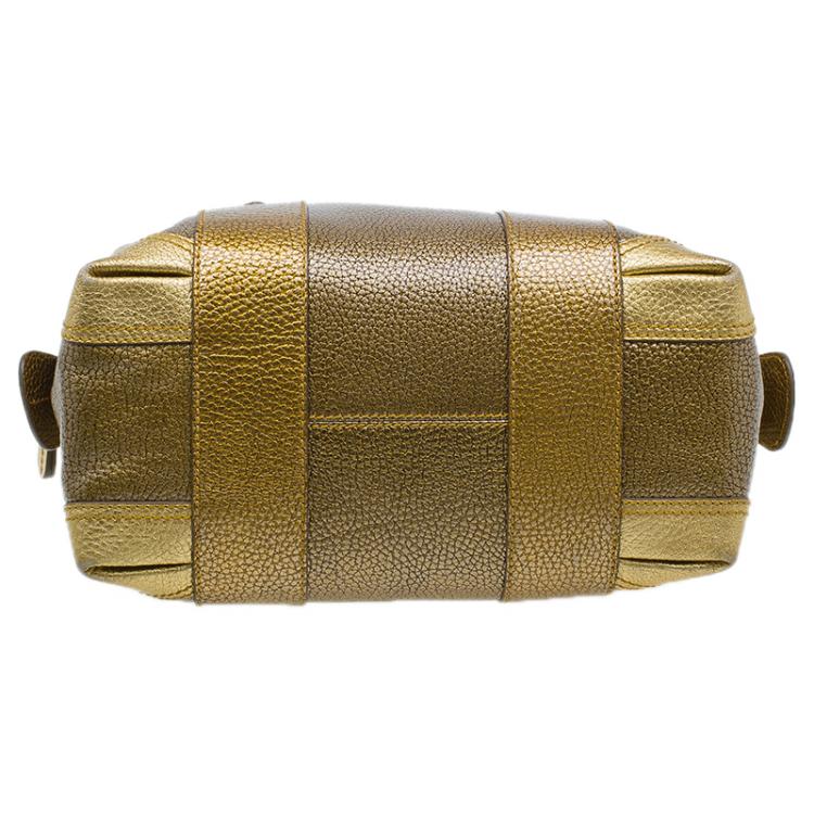 Pre Owned Fendi Gold Pebbled Leather Media Boston Bag