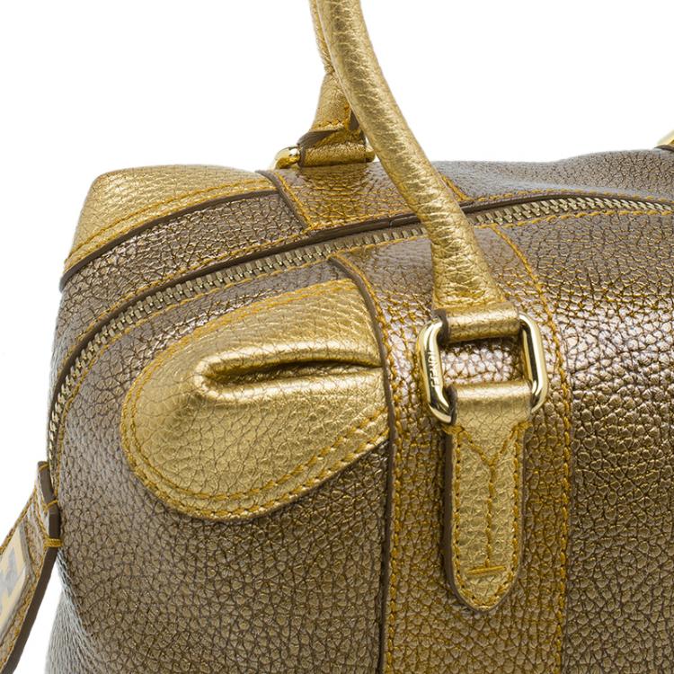 Pre Owned Fendi Gold Pebbled Leather Media Boston Bag