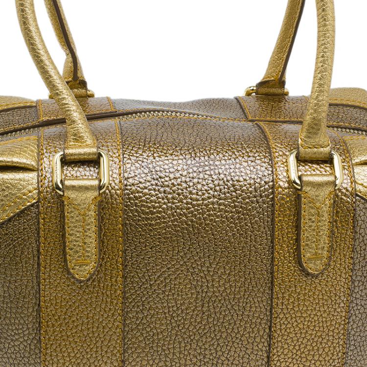 Pre Owned Fendi Gold Pebbled Leather Media Boston Bag