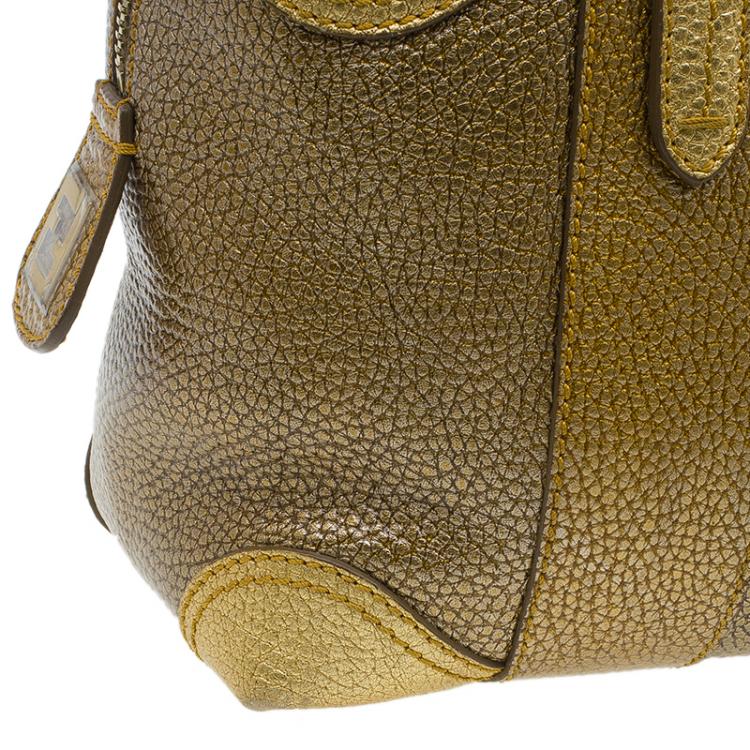Pre Owned Fendi Gold Pebbled Leather Media Boston Bag