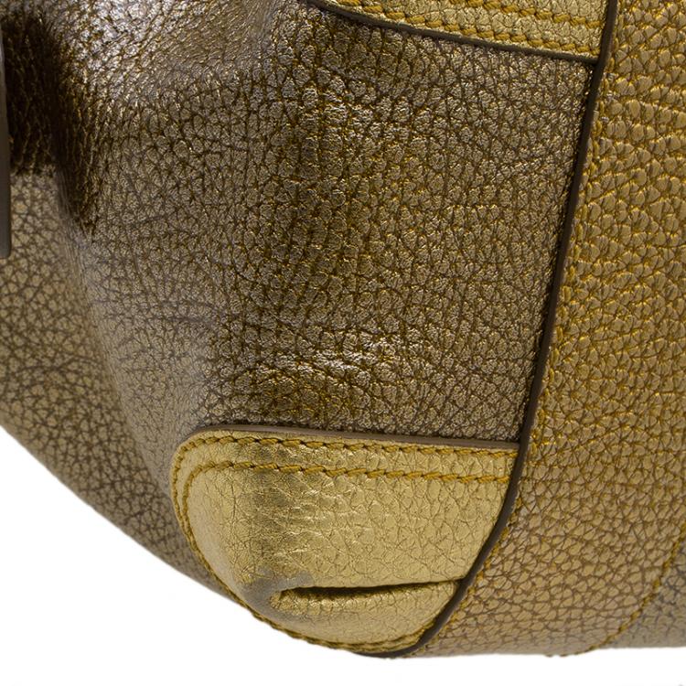 Pre Owned Fendi Gold Pebbled Leather Media Boston Bag