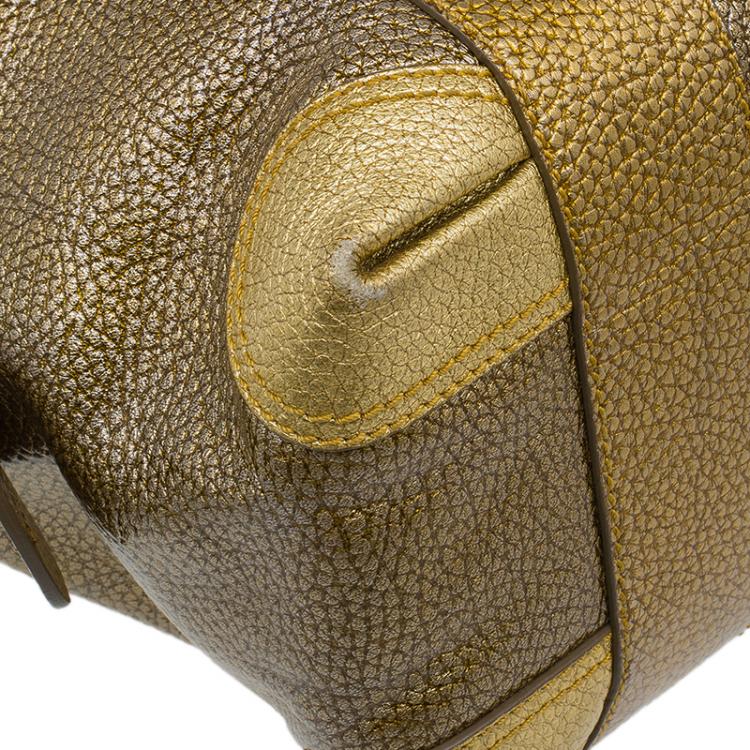 Pre Owned Fendi Gold Pebbled Leather Media Boston Bag