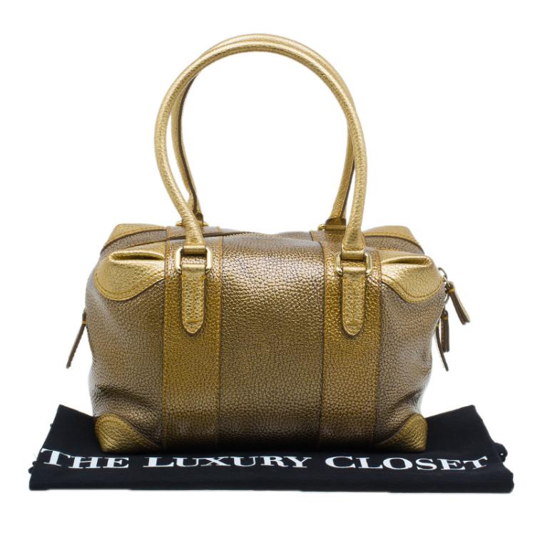 Pre Owned Fendi Gold Pebbled Leather Media Boston Bag