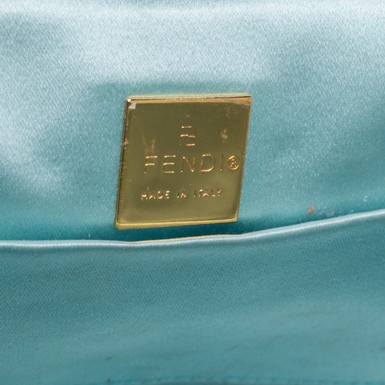 Pre Owned Fendi Beige/Aqua Fabric and Lizard FF Flap Embellished Satchel