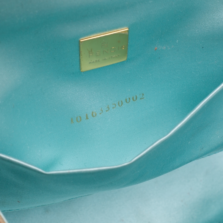 Pre Owned Fendi Beige/Aqua Fabric and Lizard FF Flap Embellished Satchel