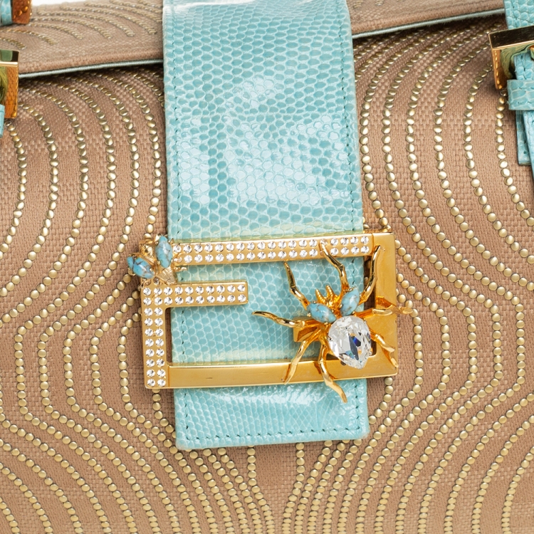 Pre Owned Fendi Beige/Aqua Fabric and Lizard FF Flap Embellished Satchel